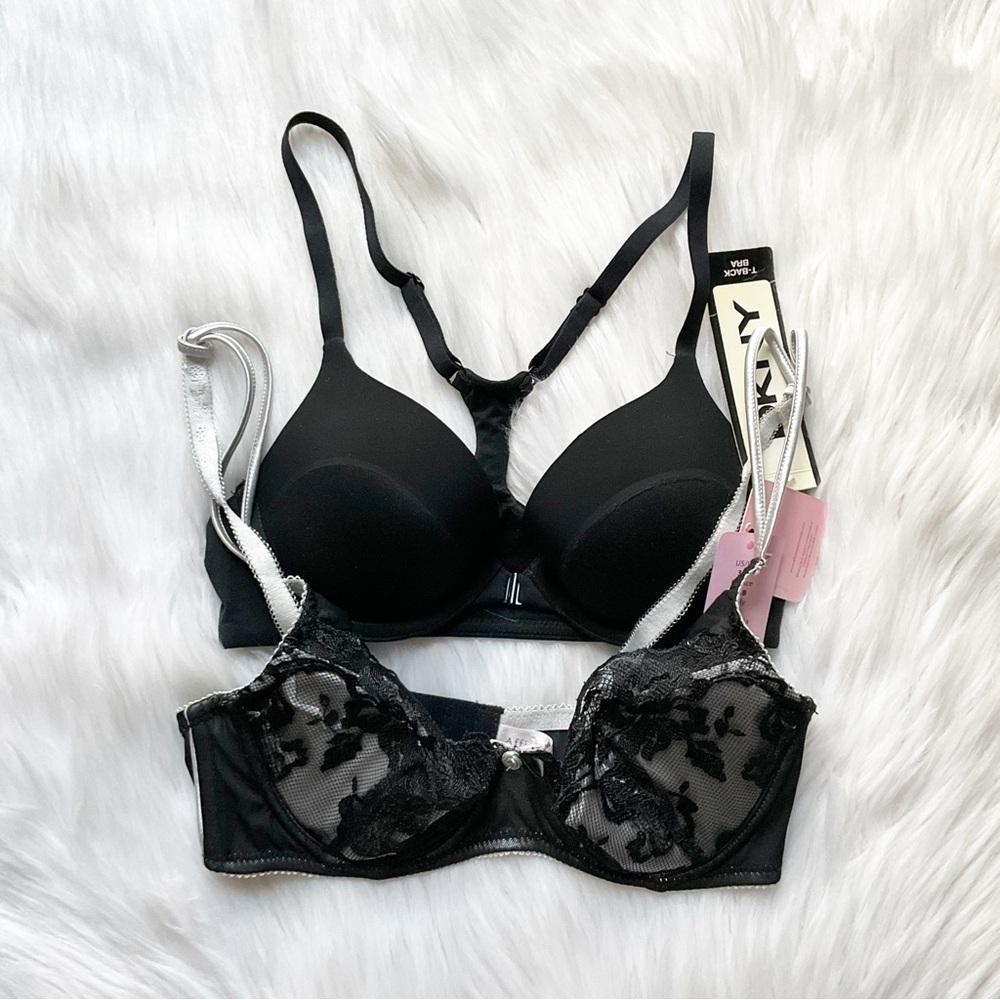 DKNY Front-Close Padded Plunge & Affinitas Black & Silver Lace Demi Bras, 32B